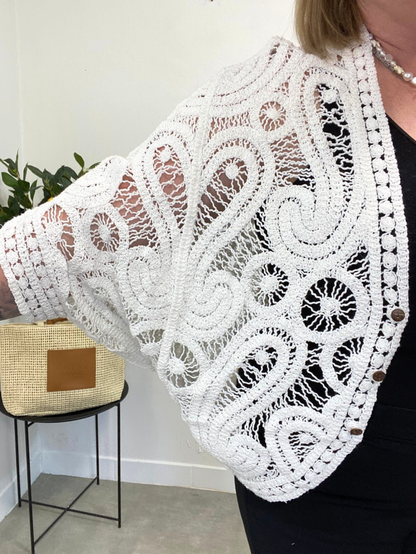 Boho elegantní háčkovaný kardigan – Sněhově bílý