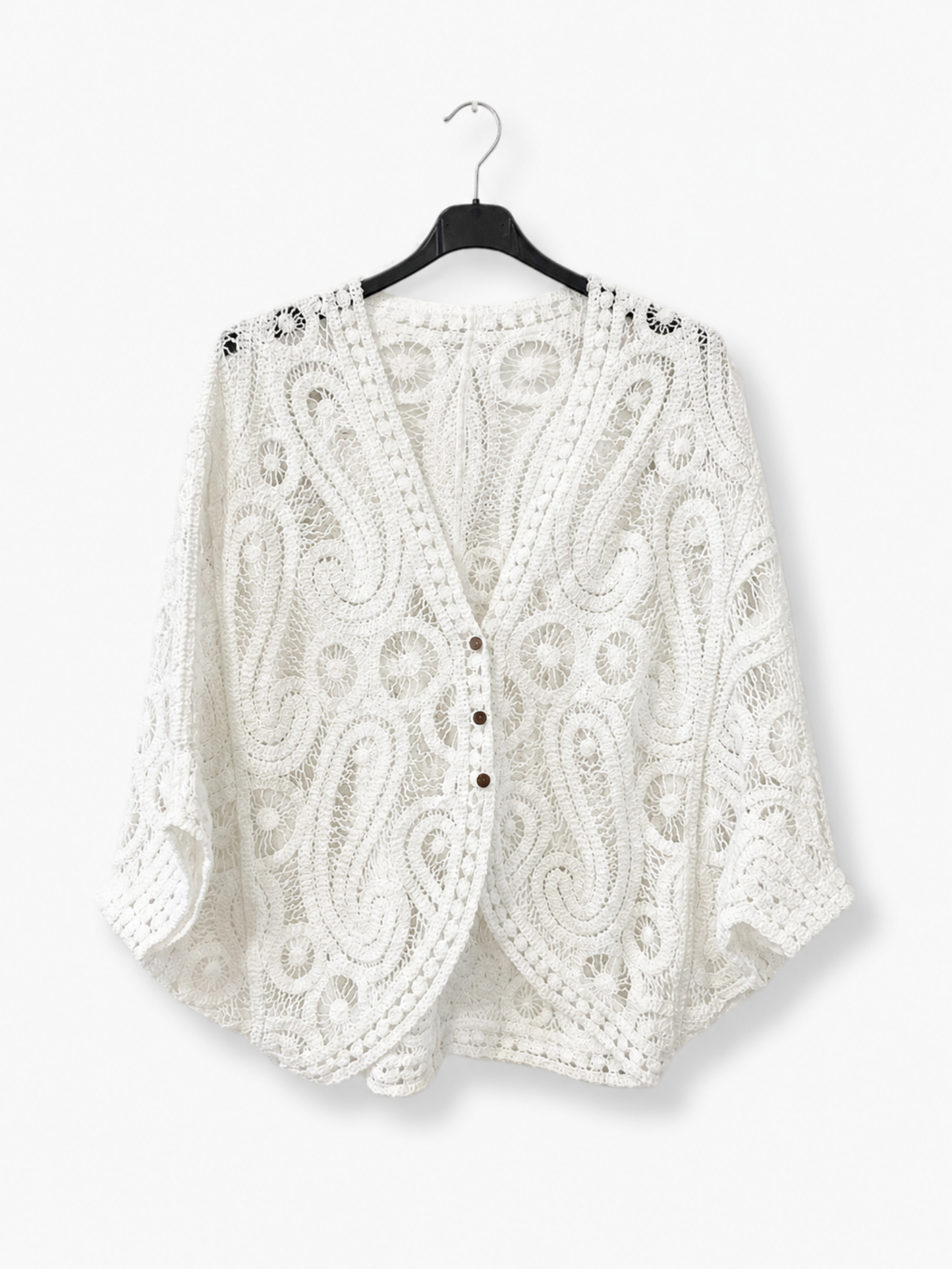 Boho elegantní háčkovaný kardigan – Sněhově bílý