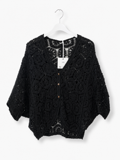 Boho elegantní háčkovaný kardigan – černý