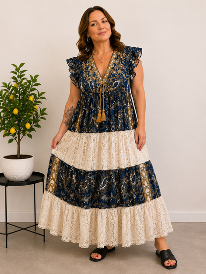 Boho šaty Modrý orient– krátký rukáv