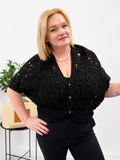 Boho elegantní háčkovaný kardigan – černý