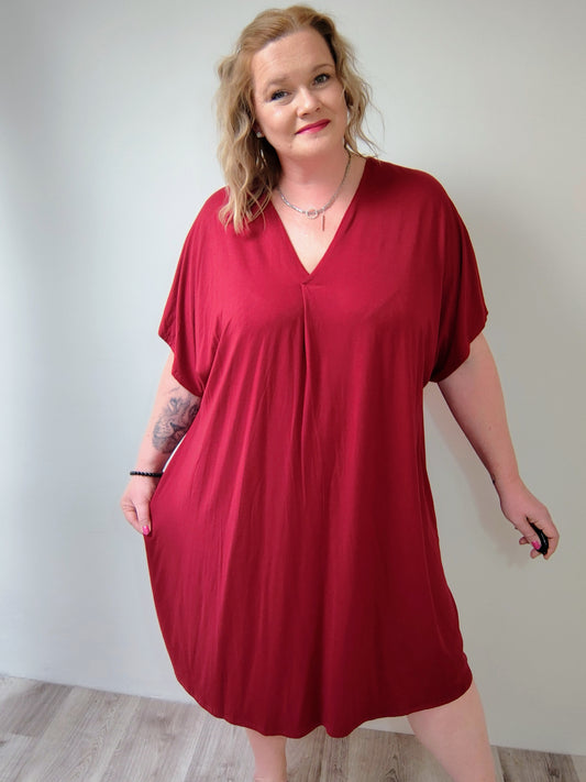 Oversize šaty V-Neck - vínové